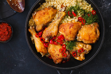 Fried chicken stew. Skillet Fried chicken with vegetable. Crispy fried chicken meat. Top view. 