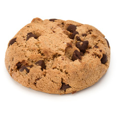 One Chocolate chip cookie isolated on white background. Sweet biscuit. Homemade pastry.