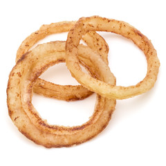 Delicious crispy fried onion rings isolated on white