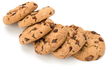 Chocolate chip cookies isolated on white background. Sweet biscuits. Homemade pastry.