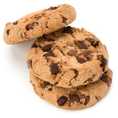 Three Chocolate chip cookies isolated on white background. Sweet biscuits. Homemade pastry.