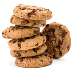 Stacked Chocolate chip cookies isolated on white background. Sweet biscuits. Homemade pastry.