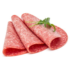 Salami smoked sausage slices isolated on white background