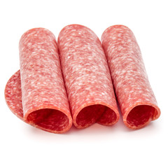 Salami smoked sausage slices isolated on white background