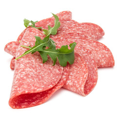Salami smoked sausage slices isolated on white background