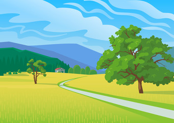 Obraz premium Summer landscape with mountains, road and a small house vector illustration 