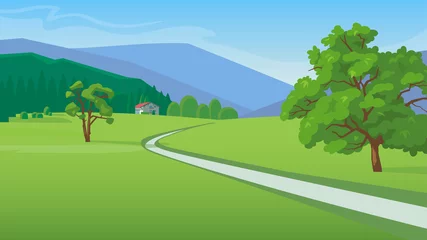 Fotobehang Summer landscape with mountains,  road and a small house vector illustration  © Olga Serova