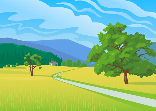 Summer landscape with mountains,  road and a small house vector illustration 