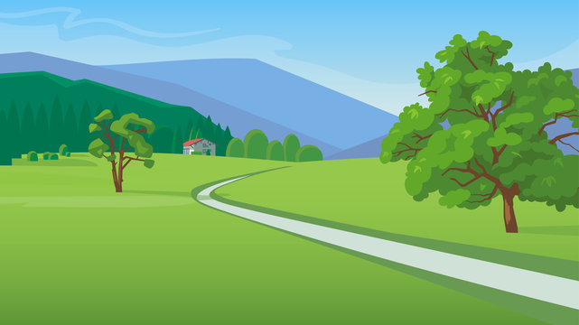 Summer landscape with mountains,  road and a small house vector illustration 