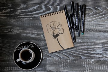 Flat lay with markers and Flower drawing