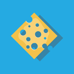 Cheese with holes on blue background in flat style with shadow vector illustration.