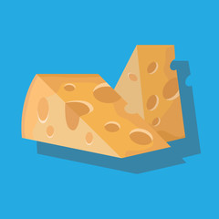 Pieces of cheese with holes on blue background in flat style with shadow vector illustration.