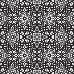 Mandala lace dense black seamless vector pattern. Abstract openwork surface background.