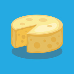 Cheese with holes on blue background in flat style with shadow vector illustration.