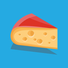 Piece of cheese with holes on blue background in flat style with shadow vector illustration.