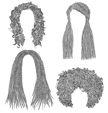 
set of  different dreadlocks cornrows  round curly hairs .
 fashion beauty african style . fringe  pencil drawing sketch .