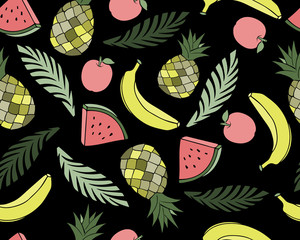 Seamless pattern with yellow bananas, pineapples and juicy strawberries on dark blue background. Cute vector background. Bright summer fruits illustration. Fruit mix card.