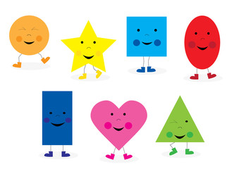 learning collection of funny, smiling , basic geometric cartoon shapes for children / vectors illustration for kids
