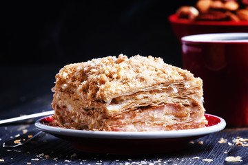 Puff cake with custard, selective focus