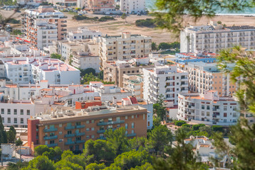 Obraz premium View from the hills into St Antoni de Portmany & surrounding area in Ibiza. 