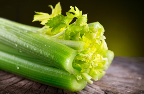Celery closeup over black background. Leaves and stem of fresh organic green celery