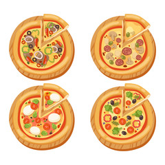 Pizza flat icons isolated vector illustration piece slice pizzeria food menu snack on white background pepperoni ingredient delivery italian set