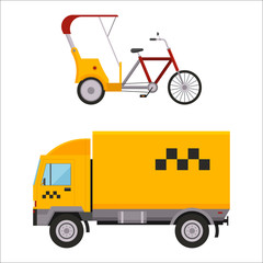 Yellow taxi truck varn rickshaw bike vector illustration car transport isolated cab city service traffic icon symbol passenger urban auto sign delivery commercial