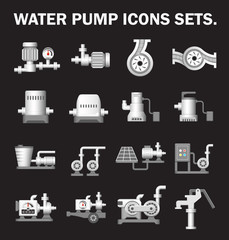 Water pump station icon. Consist of centrifugal, submersible and well pump. Powered by engine, hand and electric motor with solar energy. For irrigation, plumbing, water cooling water treatment.