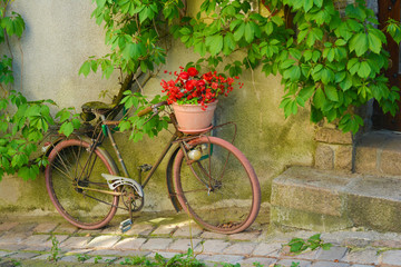 Fototapeta na wymiar Old rusty bicycle with flowers in a basket