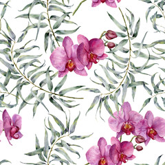 Watercolor tropic pattern with eucalyptus and orchids. Hand painted exotic ornament with branches with leaves isolated on white background. Natural print for design, fabric.