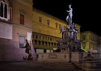 Fountain of Neptune at night , Bologna, Italy