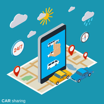 Car sharing flat 3d isometric vector concept illustration