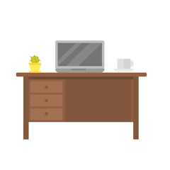 Office empty workplace with laptop on wood table business computer and creative design technology modern computer or home furniture vector illustration.