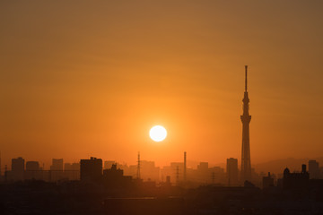 Fototapeta na wymiar Beautiful Tokyo sunset cityscape , Tokyo Skytree landmark and Mountian Fuji in winter sunset