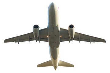 passenger jet airplane isolated on white background. from below bottom view.