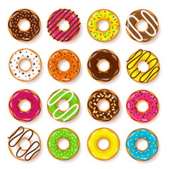 Donut, begel with cream. Cookies,cookie cake set. Sweet dessert. with sugar,caramel. Tasty breakfast. Cooking. Cafateria food, snack. Coffee shop.Vector illustration.