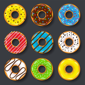 Donut, begel with cream. Cookies,cookie cake set. Sweet dessert. with sugar,caramel. Tasty breakfast. Cooking. Cafateria food, snack. Coffee shop.Vector illustration.