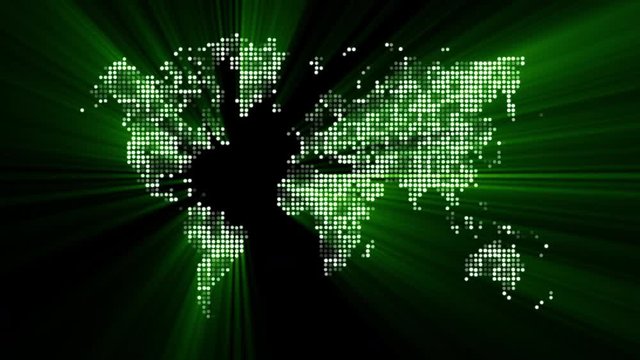 Loopable: Digital World Map / Technology Abstract. Futuristic green world map made of shiny dots with light rays.