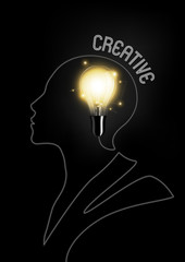 Glow light bulb and cable wire in form of human head with creative idea concept, transparent, vector illustration