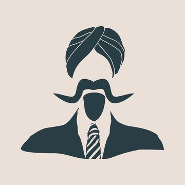 Businessman In A National Turban On A Grey Background. Indian Businessman Simple Silhouette. Front View Portrait
