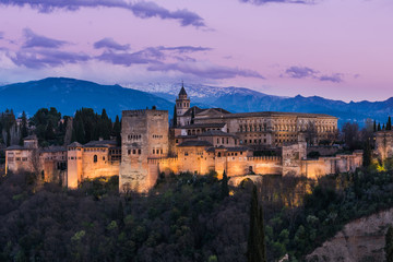 Fototapeta na wymiar Illuminated Arabic Alhambra palace in Granada,Spain