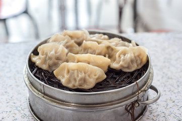 Traditional Chinese steamed jiaozi dumplings