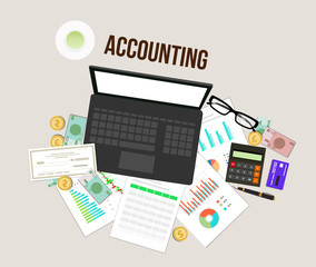 auditor desk with accounting papperwork, and worksheet office document equipment