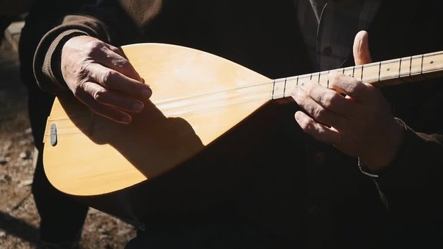 close-up of man's hands playing old vintage lute string instrument