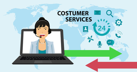 all the time customer support center, female operator service vector illustration