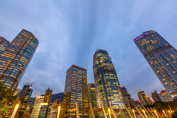 Perspective view of Hong Kong skyscrapers in Central District at dusk in Hong Kong island.