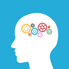 Idea generation business concept. Human head with brain and gears. Infographic template. Vector illustration.