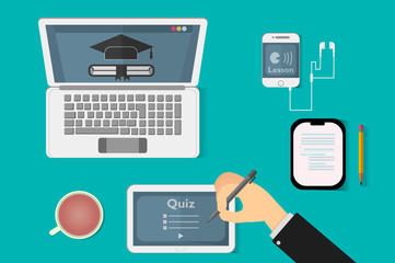 E learning man solving quiz online with different devices and cup of coffee on isolated desktop background