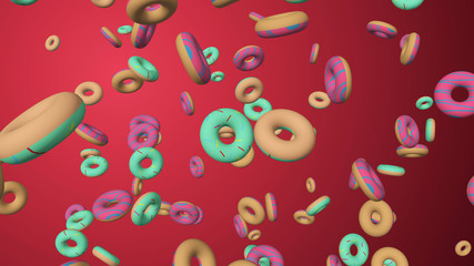 3D illustration of rain of colorful Donuts, many donuts falling over red background. fast food background, food concept.