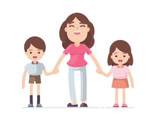 Mother holding hand son and daughter, Happy mom and child concept, Vector character illustration.